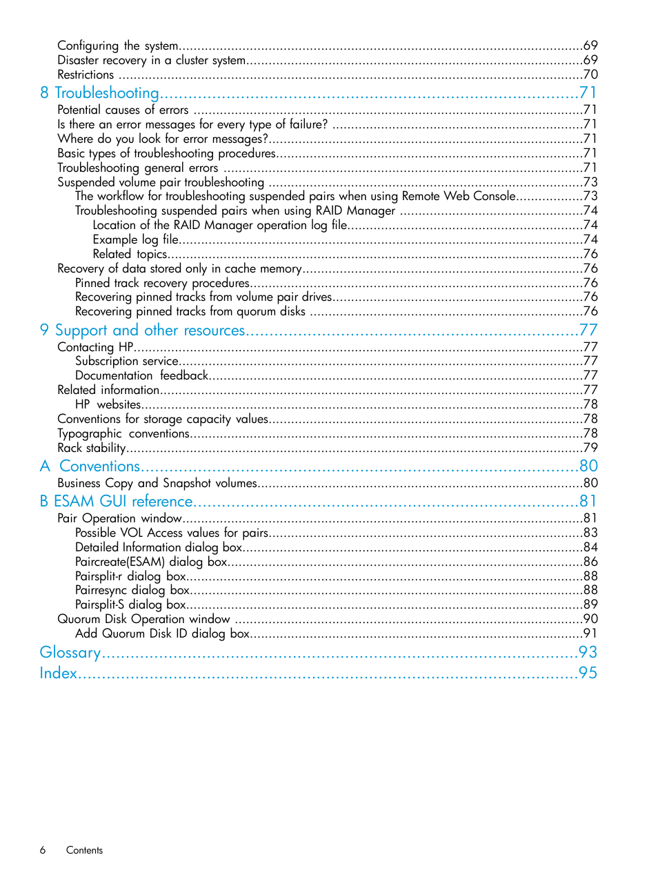 8 troubleshooting, 9 support and other resources, A conventions | B esam gui reference, Glossary index | HP XP Racks User Manual | Page 6 / 96