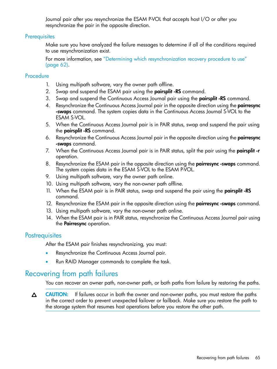 Prerequisites, Procedure, Postrequisites | Recovering from path failures, Prerequisites procedure | HP XP Racks User Manual | Page 65 / 96