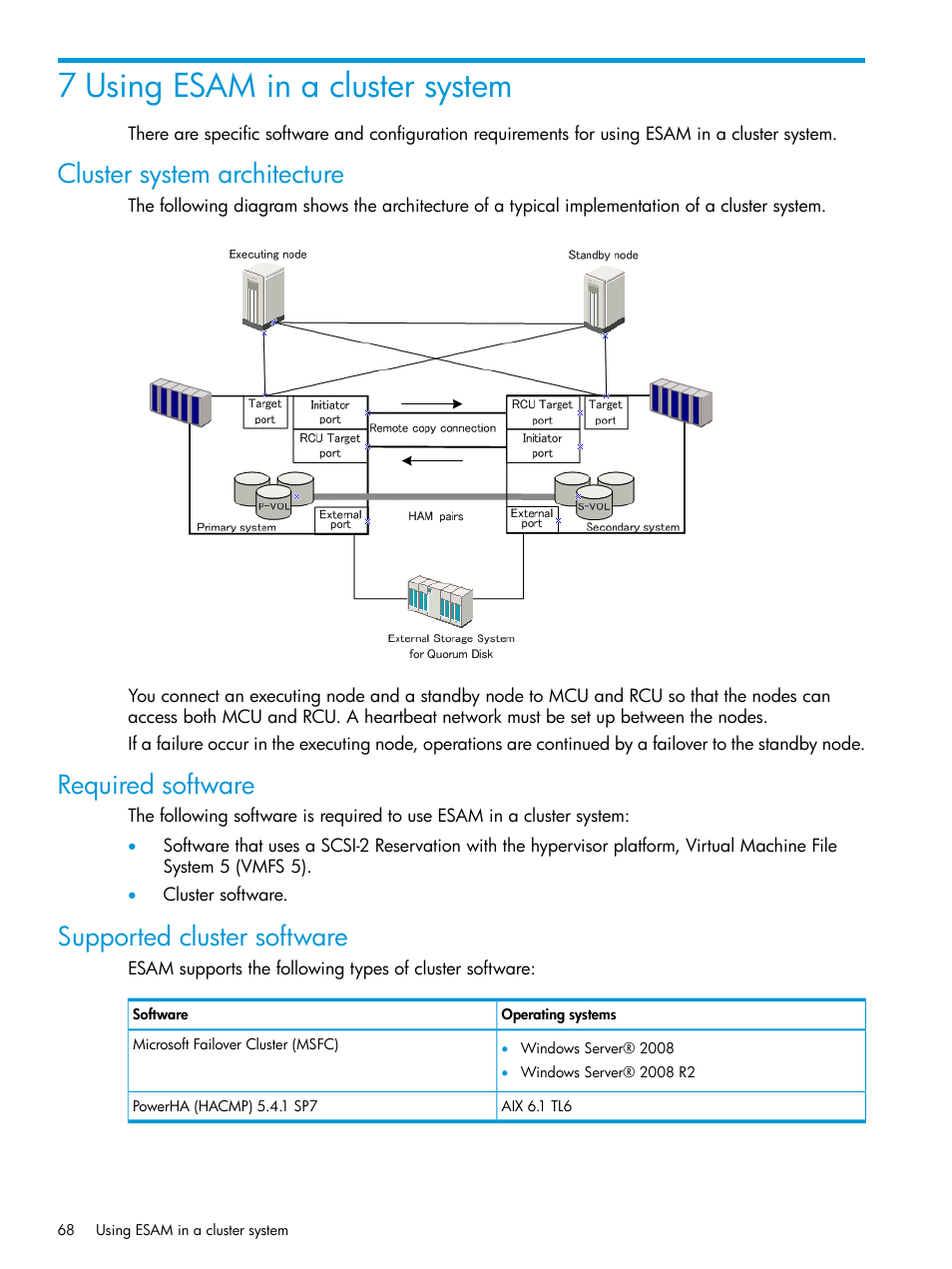 7 using esam in a cluster system, Cluster system architecture, Required software | Supported cluster software | HP XP Racks User Manual | Page 68 / 96