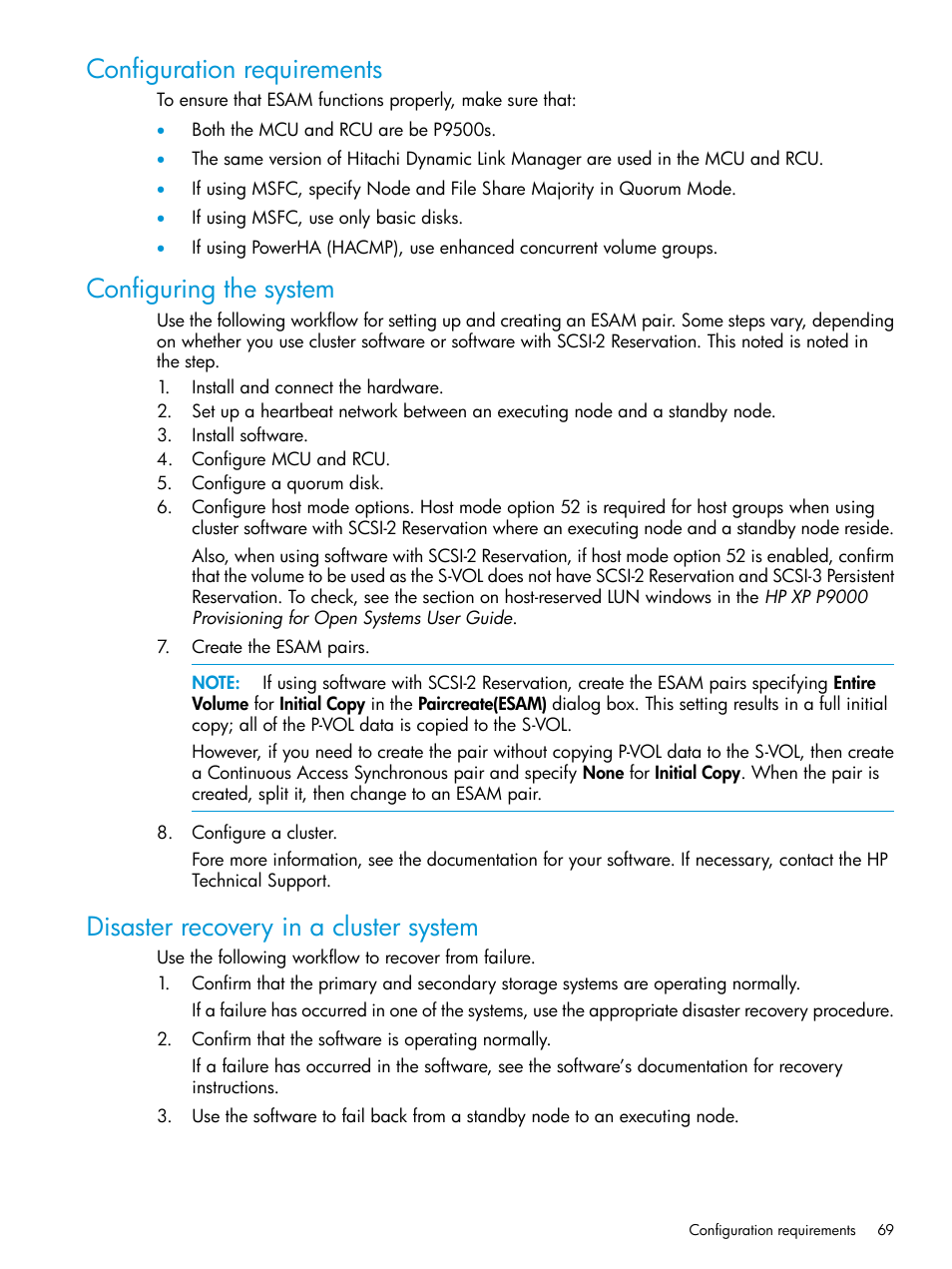 Configuration requirements, Configuring the system, Disaster recovery in a cluster system | HP XP Racks User Manual | Page 69 / 96