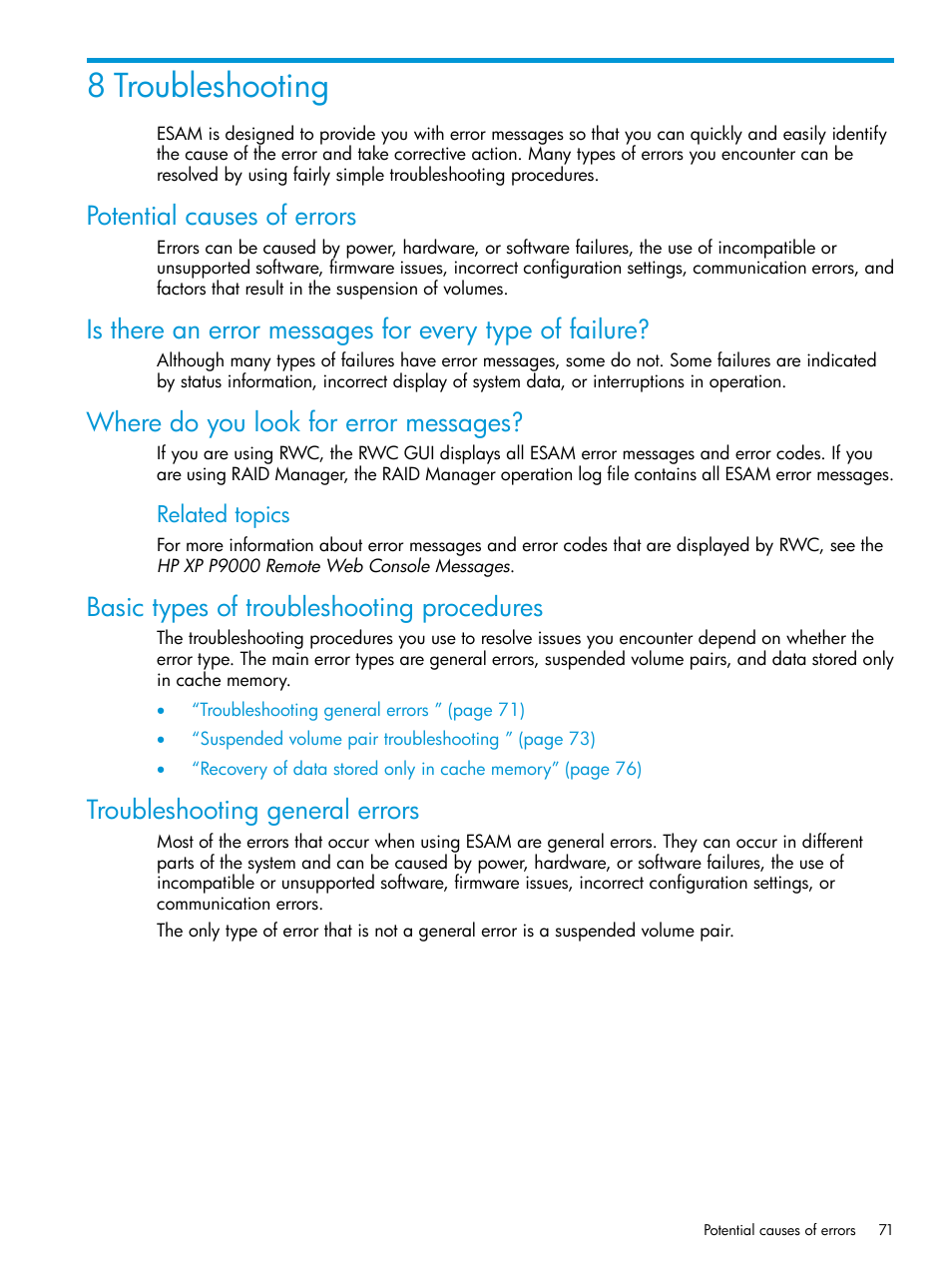 8 troubleshooting, Potential causes of errors, Where do you look for error messages | Basic types of troubleshooting procedures, Troubleshooting general errors | HP XP Racks User Manual | Page 71 / 96