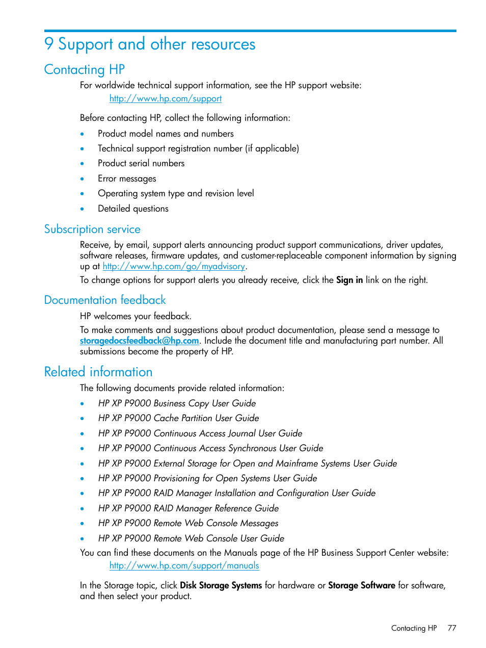 9 support and other resources, Contacting hp, Subscription service | Documentation feedback, Related information, Subscription service documentation feedback | HP XP Racks User Manual | Page 77 / 96
