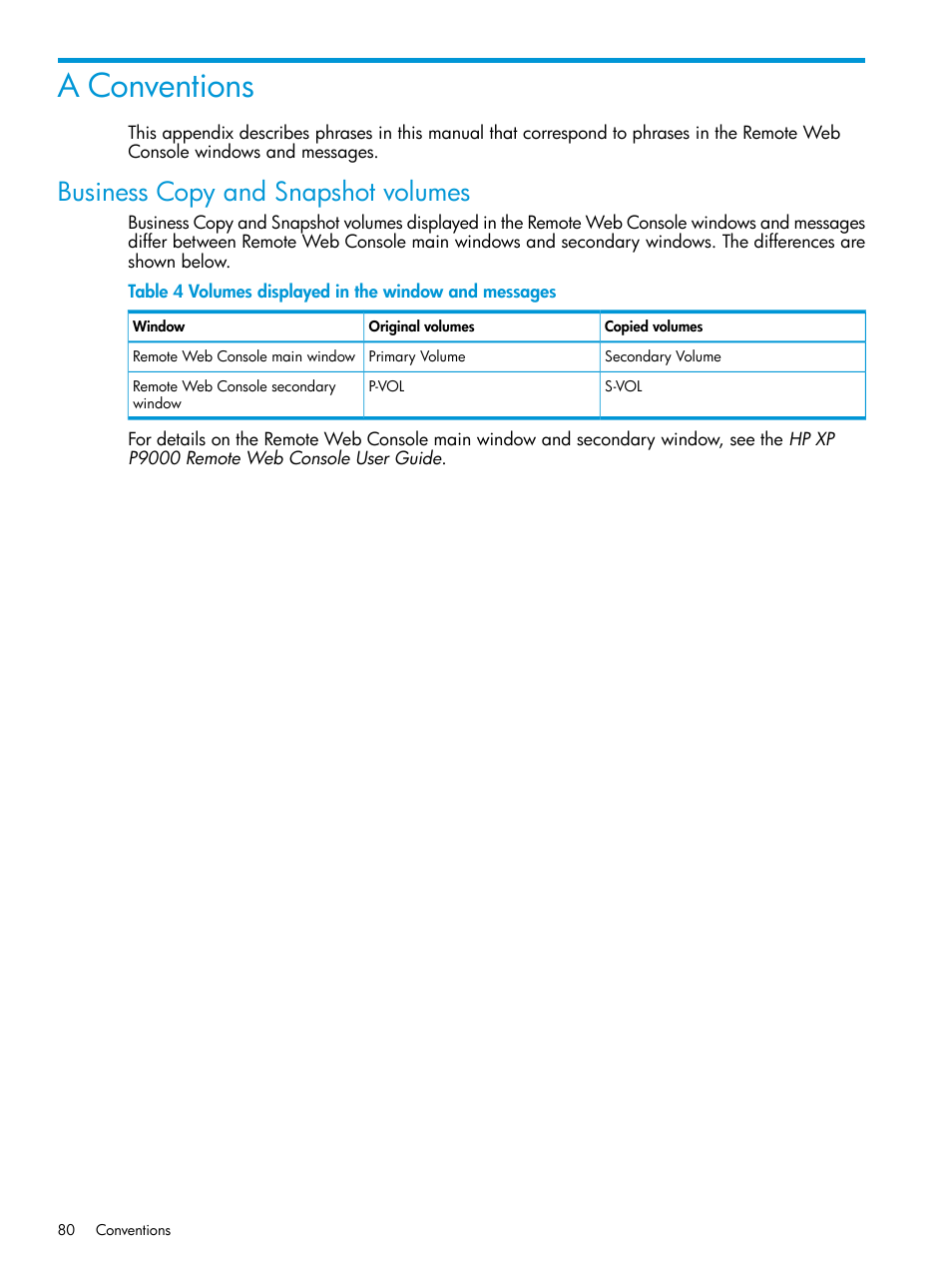 A conventions, Business copy and snapshot volumes | HP XP Racks User Manual | Page 80 / 96