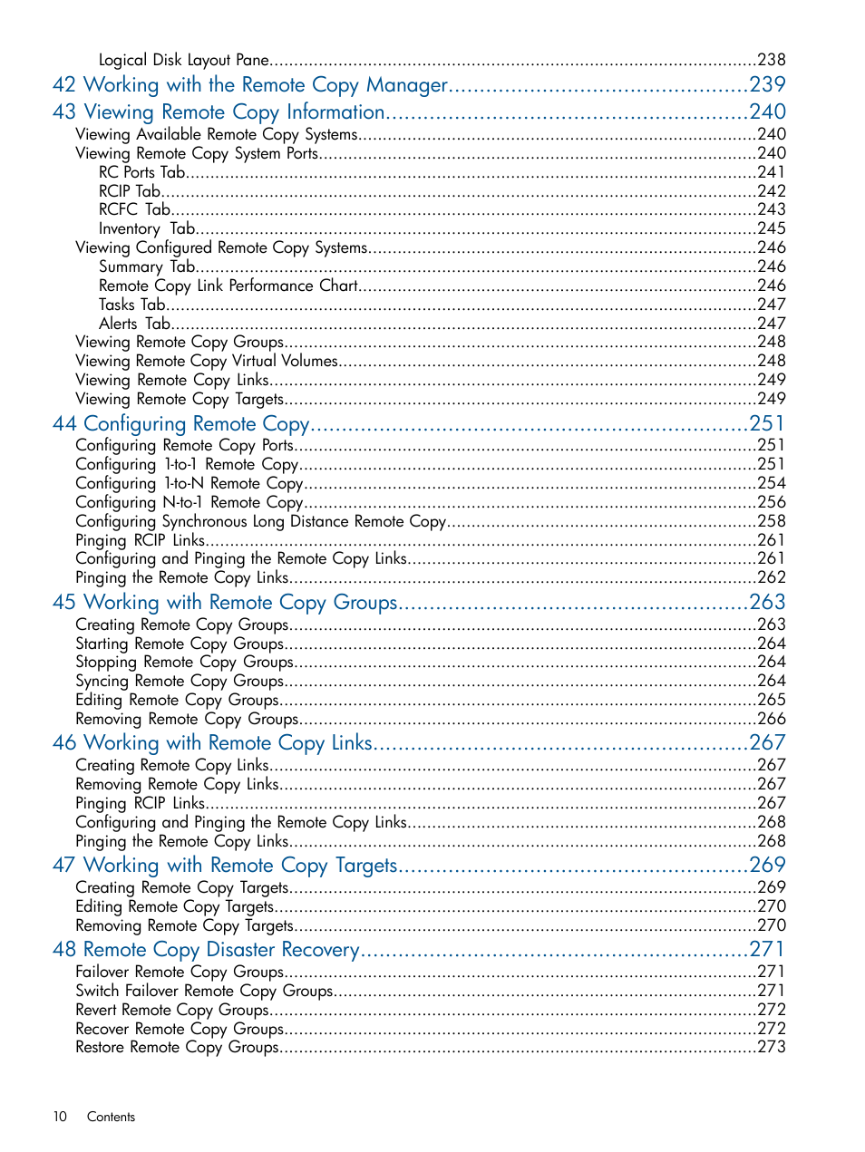 44 configuring remote copy, 45 working with remote copy groups, 46 working with remote copy links | 47 working with remote copy targets, 48 remote copy disaster recovery | HP 3PAR Operating System Software User Manual | Page 10 / 328