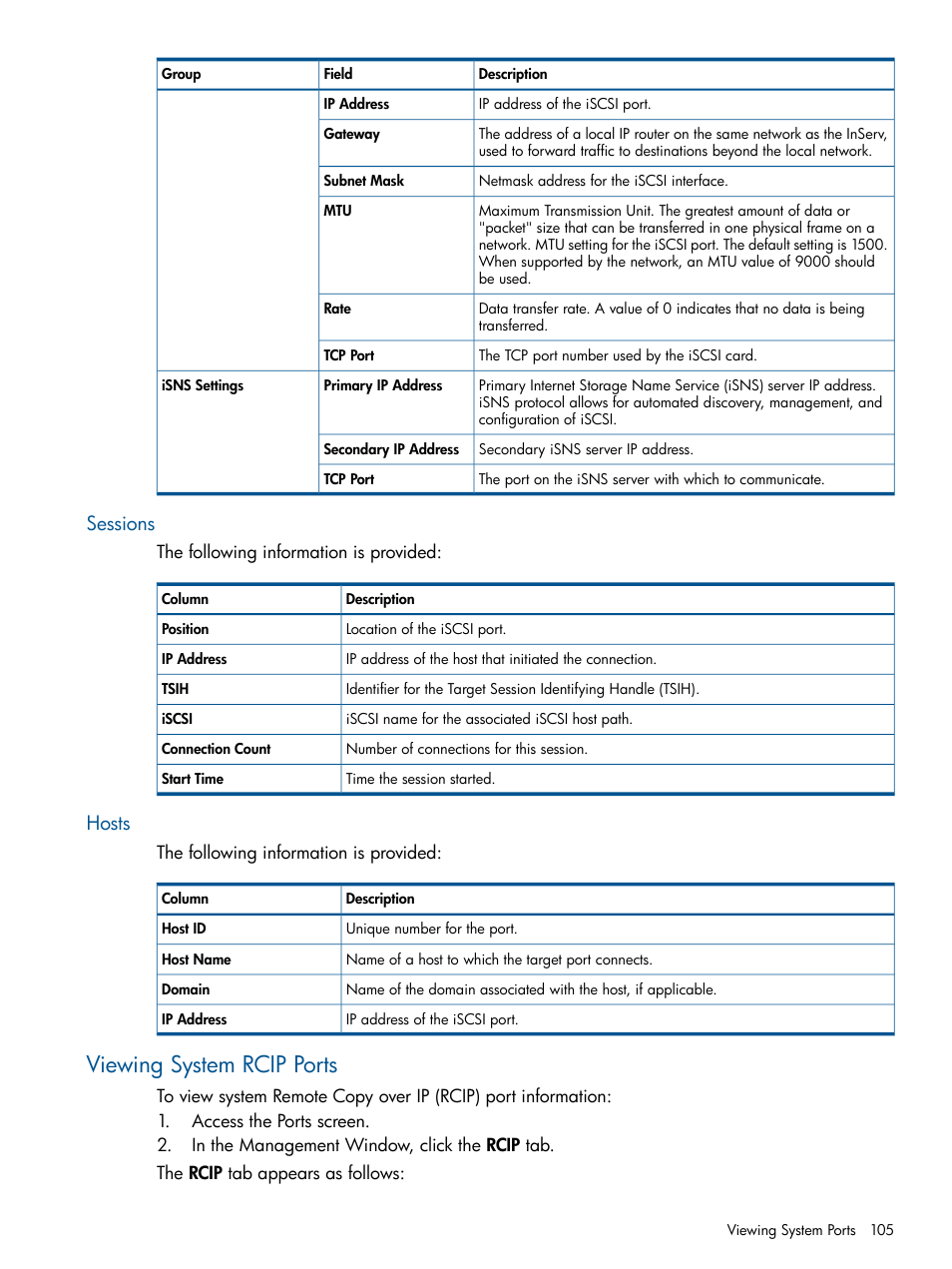 Sessions, Hosts, Viewing system rcip ports | HP 3PAR Operating System Software User Manual | Page 105 / 328