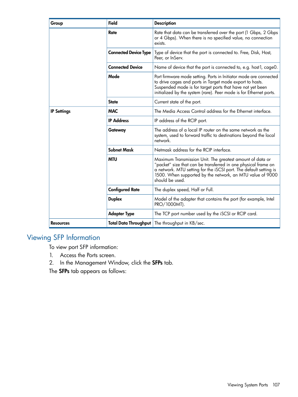 Viewing sfp information | HP 3PAR Operating System Software User Manual | Page 107 / 328