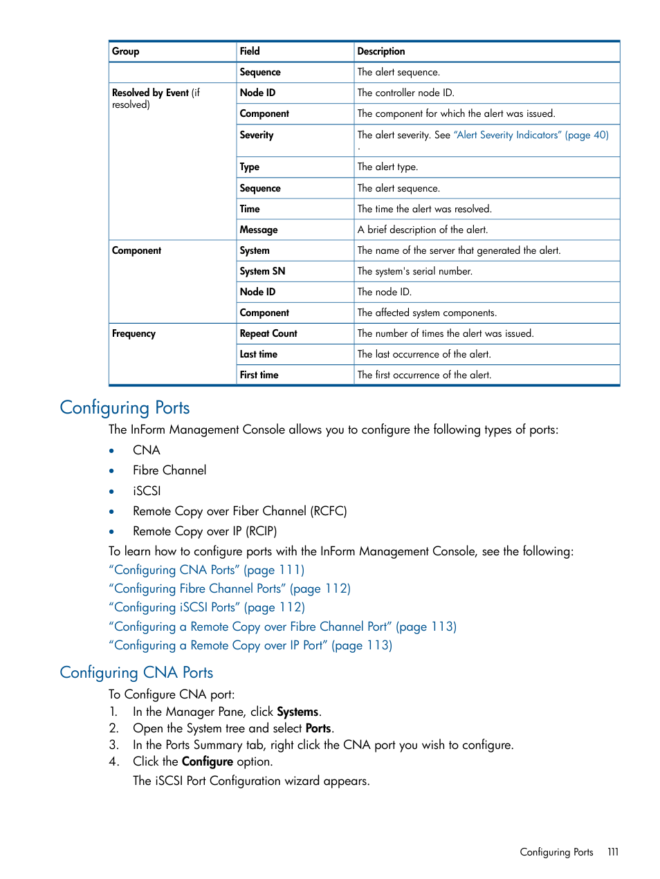 Configuring ports, Configuring cna ports | HP 3PAR Operating System Software User Manual | Page 111 / 328