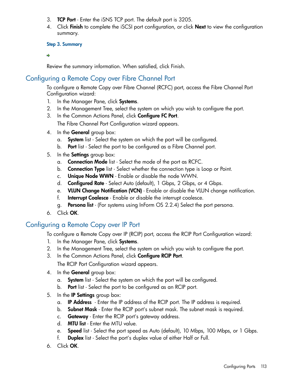 Configuring a remote copy over fibre channel port, Configuring a remote copy over ip port | HP 3PAR Operating System Software User Manual | Page 113 / 328