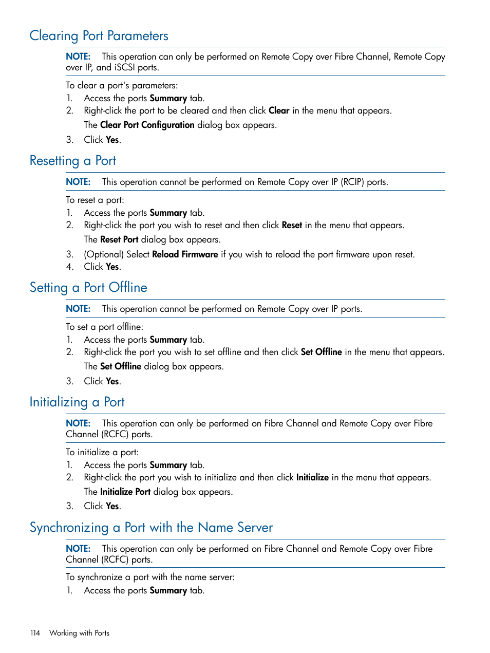 Clearing port parameters, Resetting a port, Setting a port offline | Initializing a port, Synchronizing a port with the name server | HP 3PAR Operating System Software User Manual | Page 114 / 328