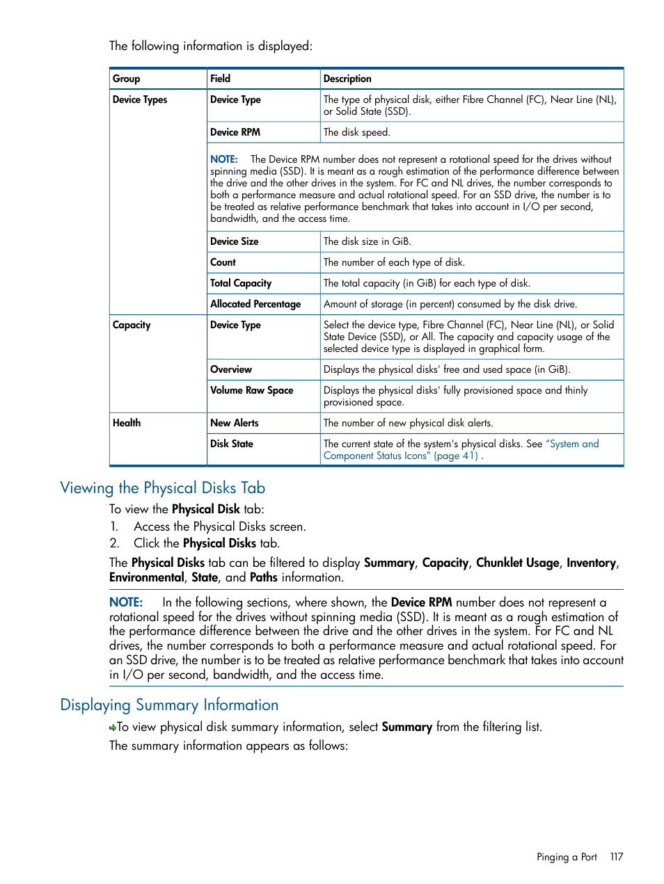 Viewing the physical disks tab, Displaying summary information | HP 3PAR Operating System Software User Manual | Page 117 / 328