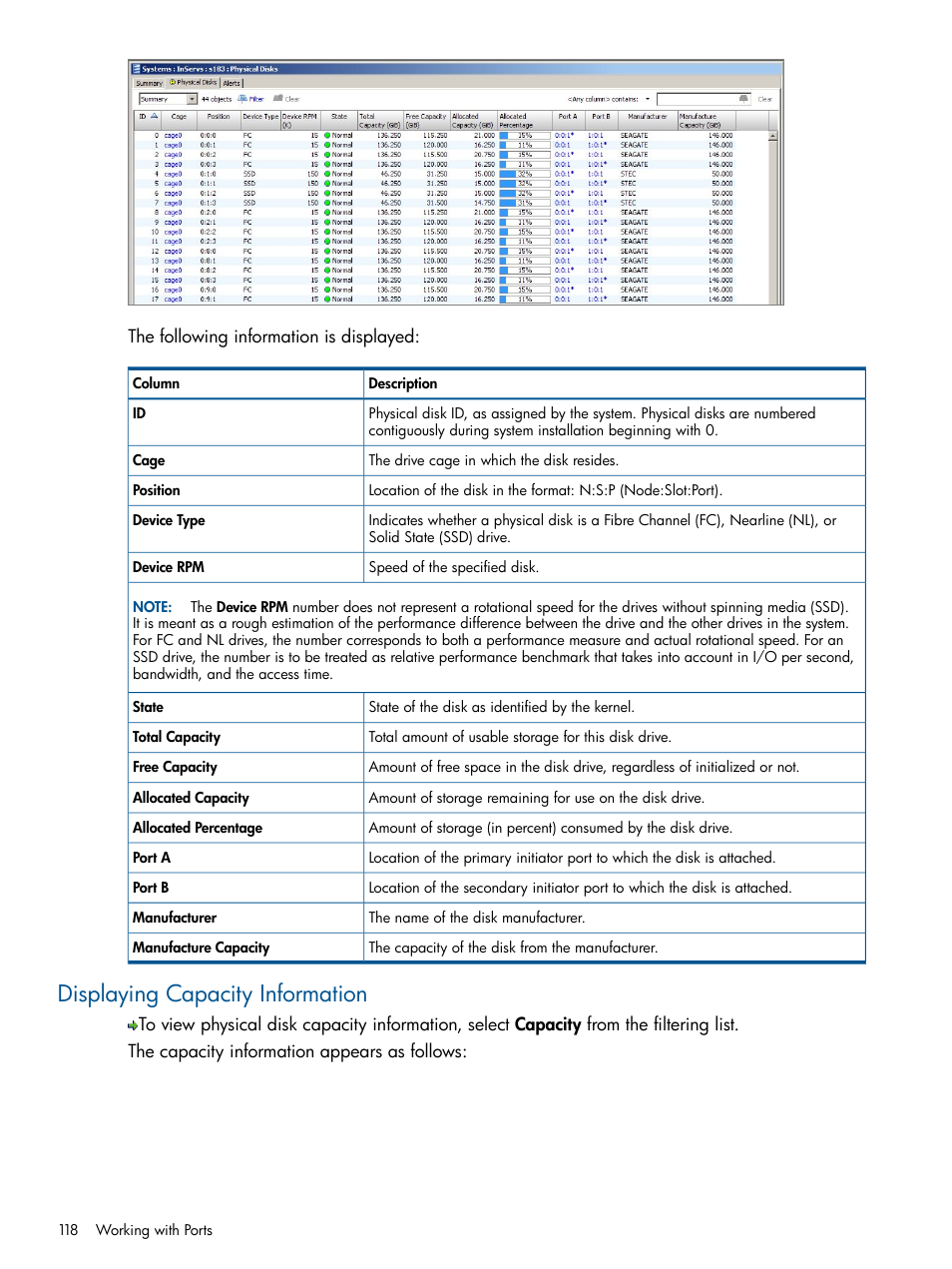 Displaying capacity information | HP 3PAR Operating System Software User Manual | Page 118 / 328