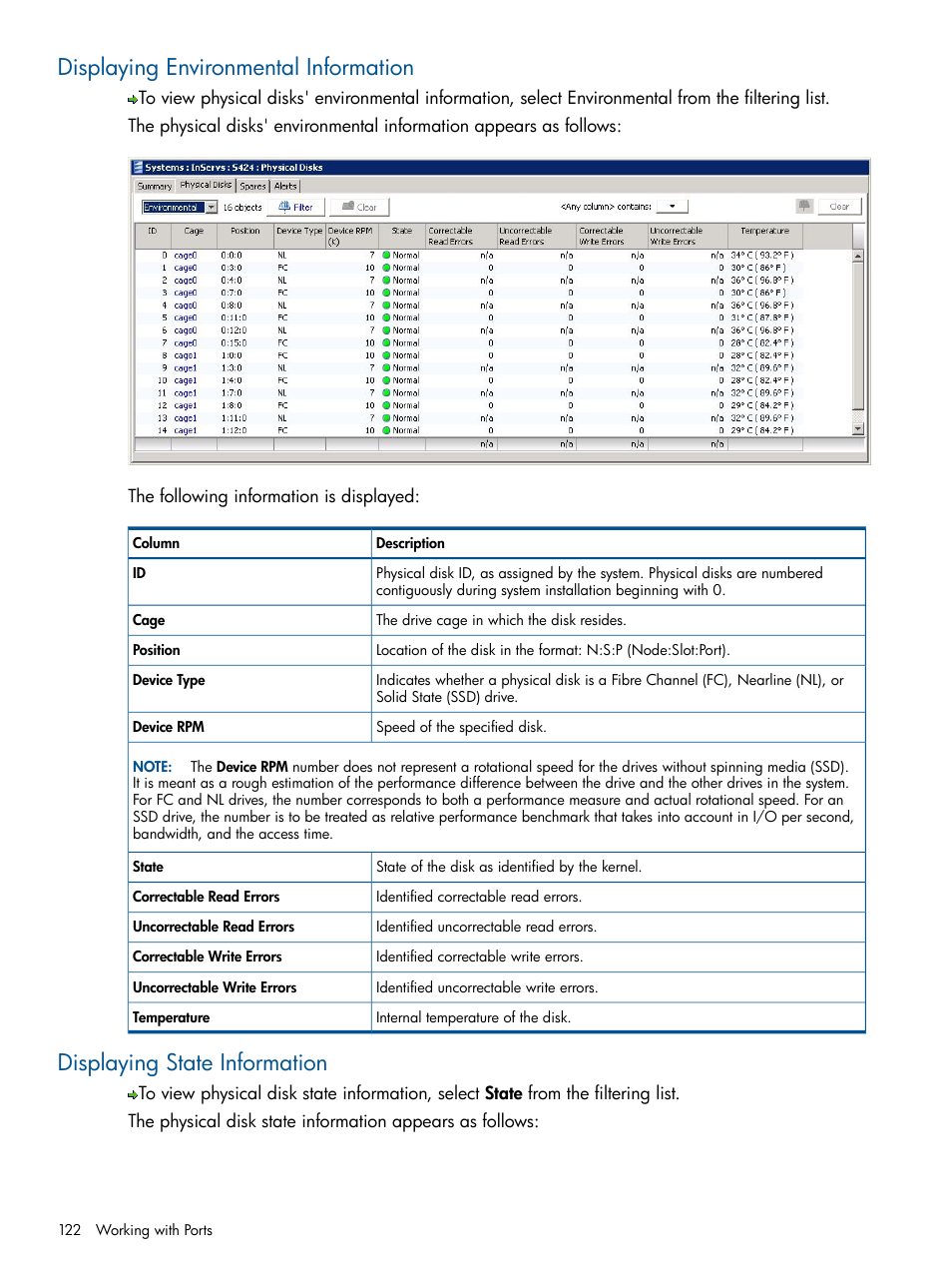 Displaying environmental information, Displaying state information | HP 3PAR Operating System Software User Manual | Page 122 / 328