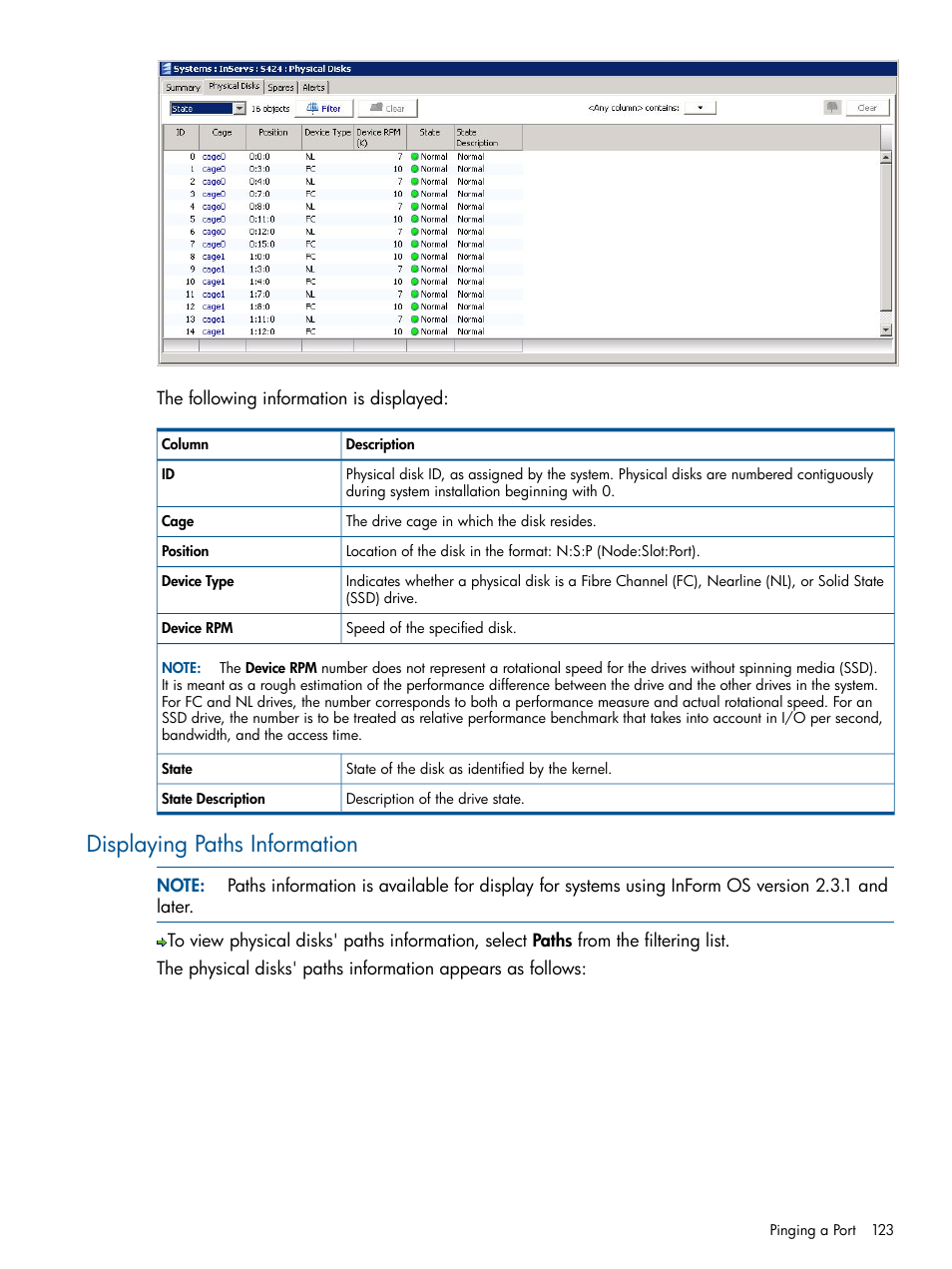 Displaying paths information | HP 3PAR Operating System Software User Manual | Page 123 / 328