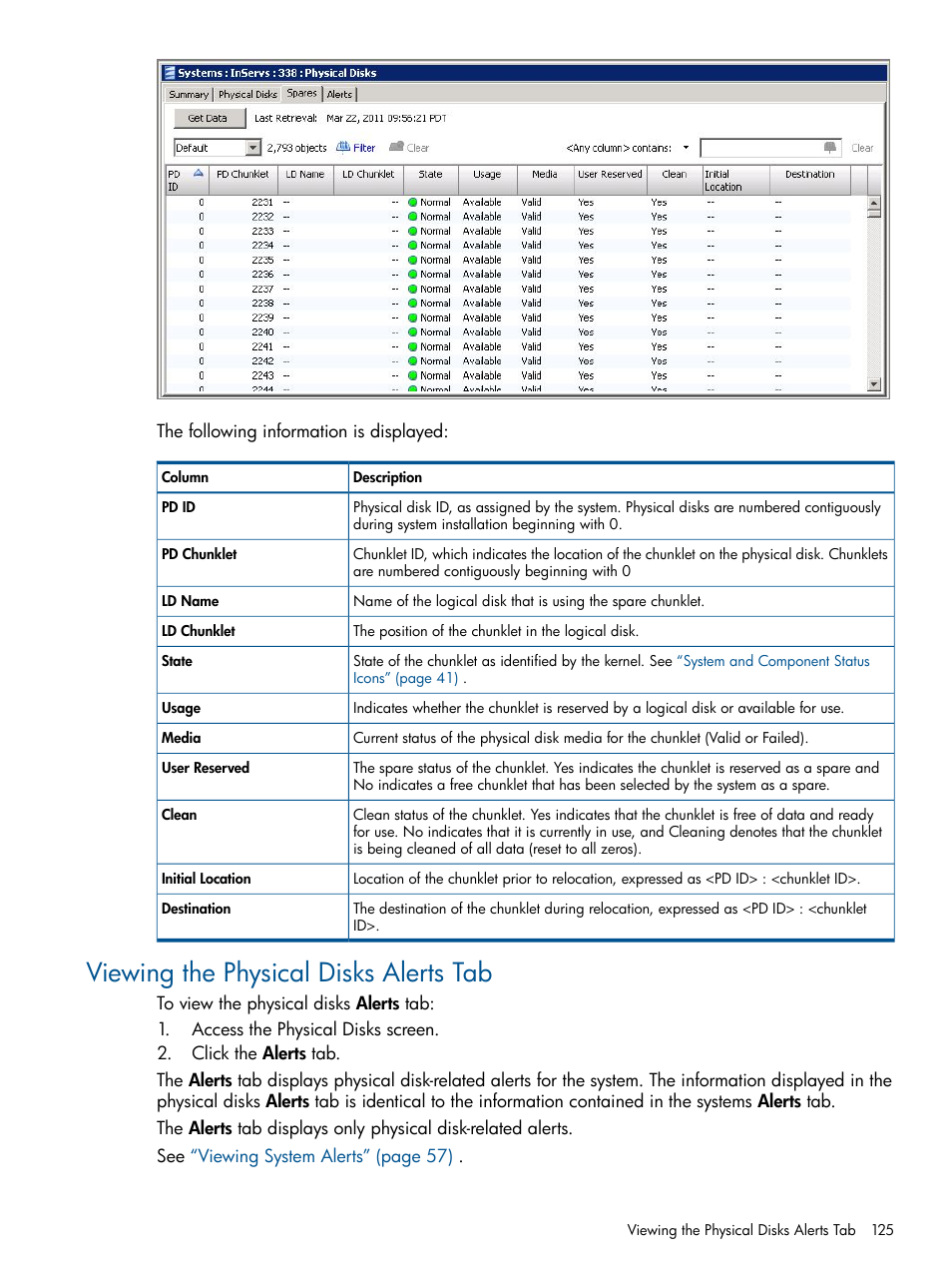 Viewing the physical disks alerts tab | HP 3PAR Operating System Software User Manual | Page 125 / 328