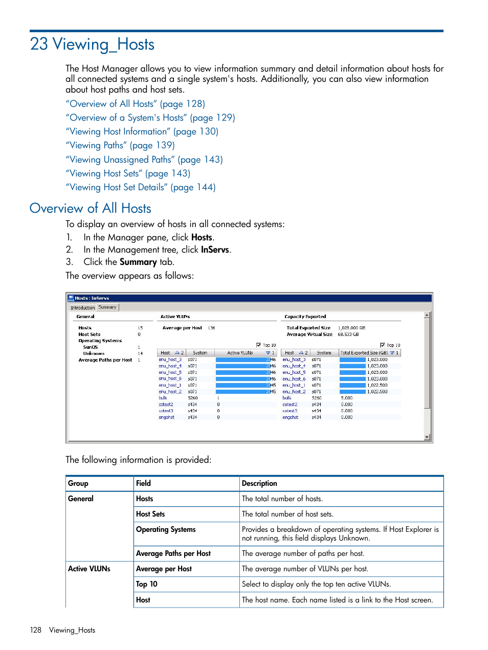 23 viewing_hosts, Overview of all hosts | HP 3PAR Operating System Software User Manual | Page 128 / 328