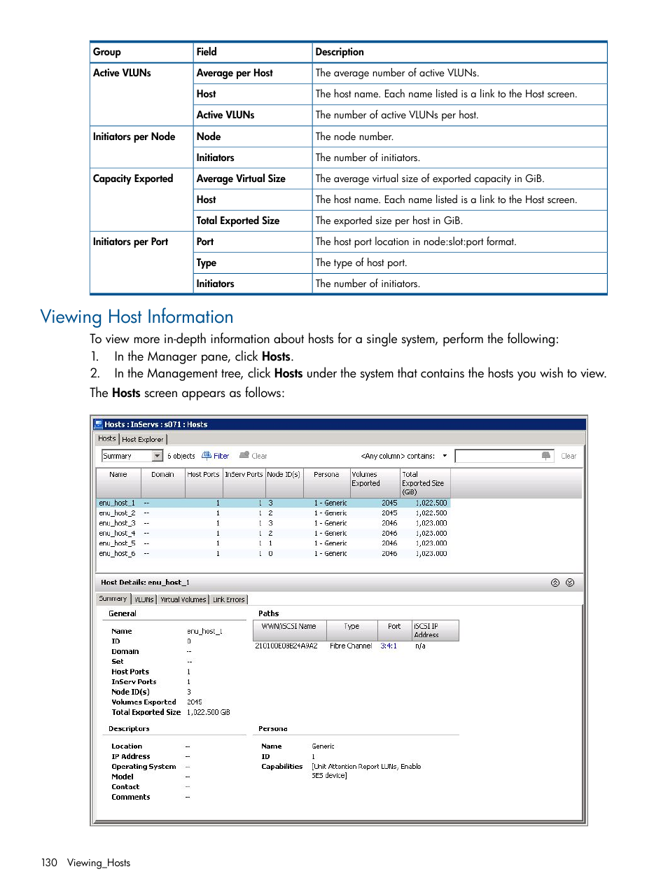 Viewing host information | HP 3PAR Operating System Software User Manual | Page 130 / 328