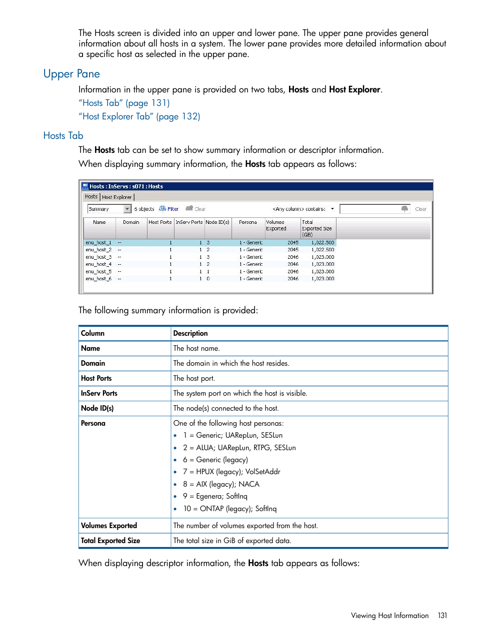 Upper pane, Hosts tab | HP 3PAR Operating System Software User Manual | Page 131 / 328