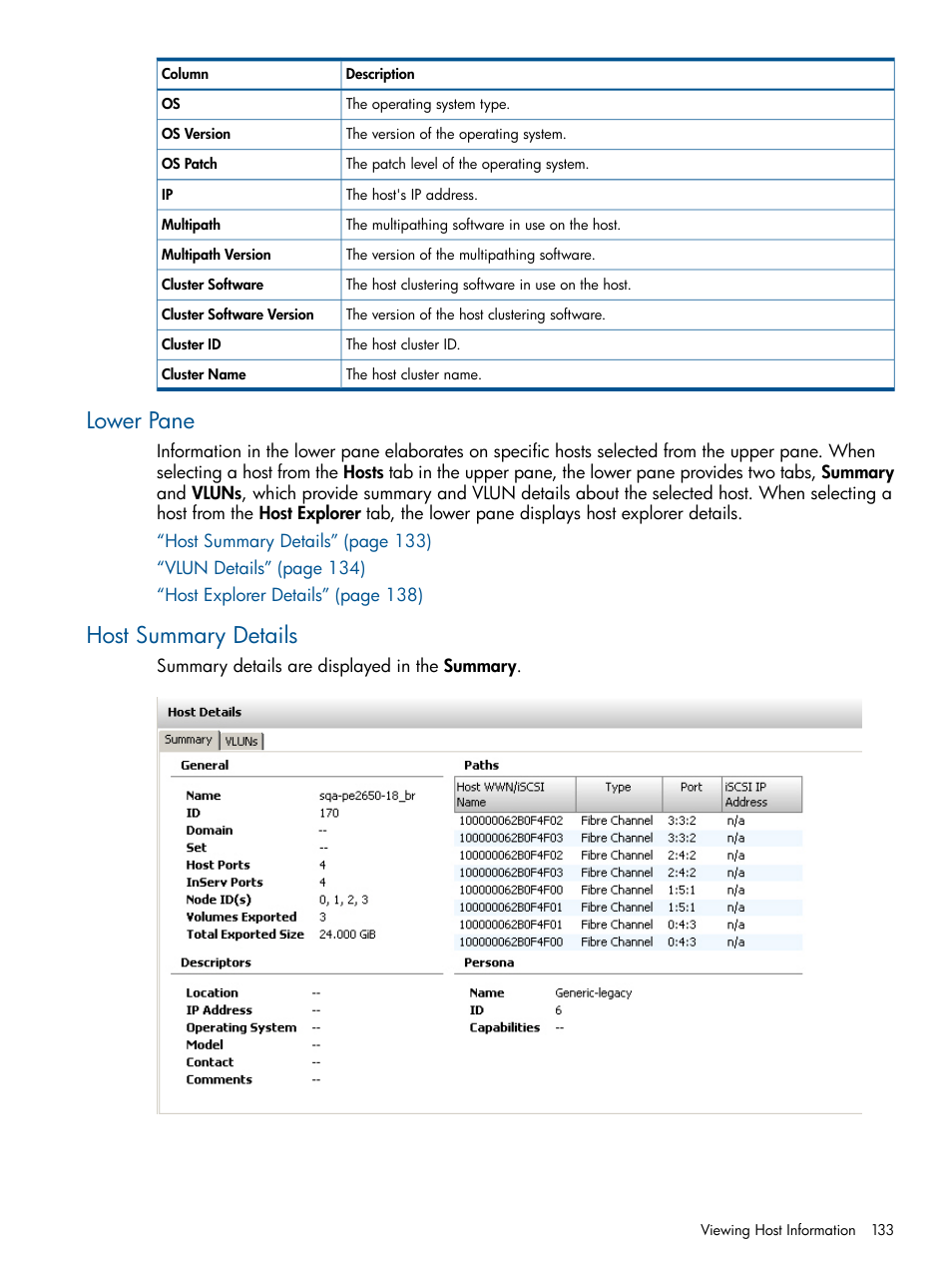 Lower pane, Host summary details, Lower pane host summary details | HP 3PAR Operating System Software User Manual | Page 133 / 328
