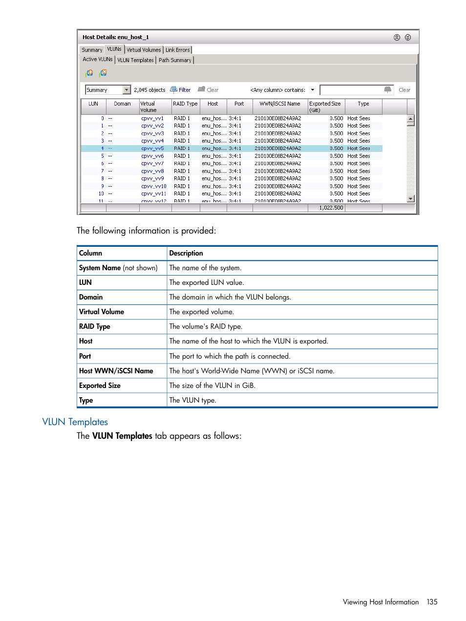 Vlun templates | HP 3PAR Operating System Software User Manual | Page 135 / 328