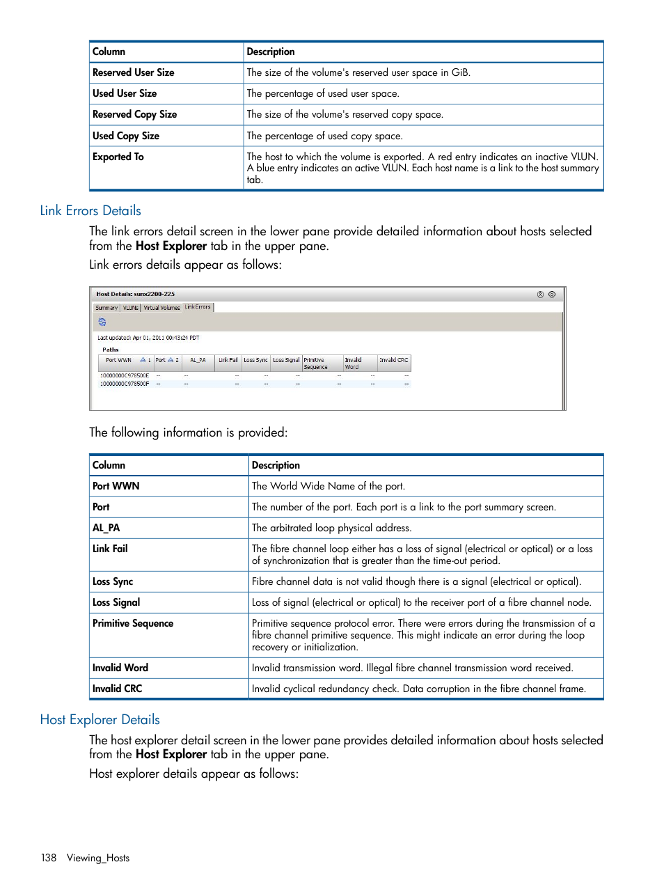 Link errors details, Host explorer details, Link errors details host explorer details | HP 3PAR Operating System Software User Manual | Page 138 / 328