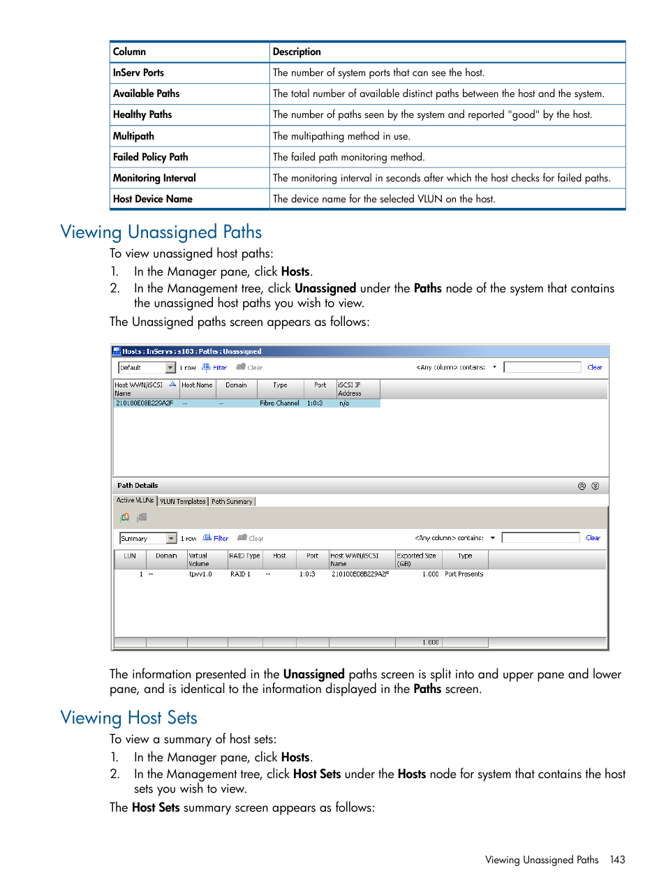 Viewing unassigned paths, Viewing host sets, Viewing unassigned paths viewing host sets | HP 3PAR Operating System Software User Manual | Page 143 / 328