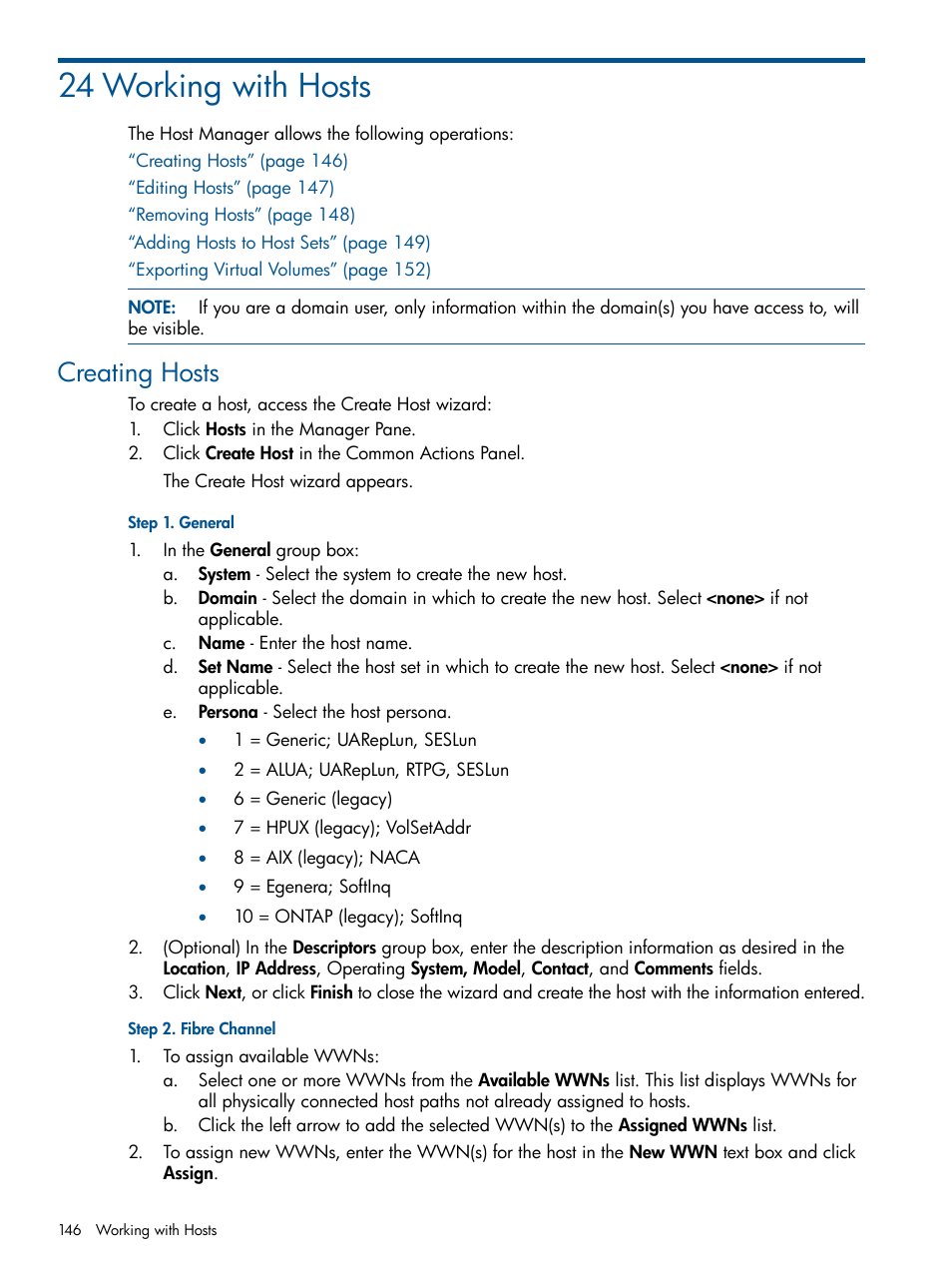 24 working with hosts, Creating hosts | HP 3PAR Operating System Software User Manual | Page 146 / 328