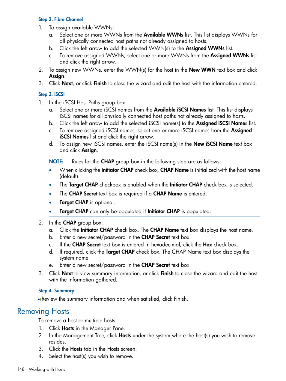 Removing hosts | HP 3PAR Operating System Software User Manual | Page 148 / 328