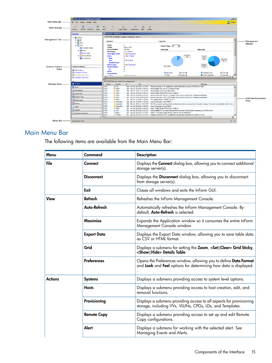 Main menu bar | HP 3PAR Operating System Software User Manual | Page 15 / 328