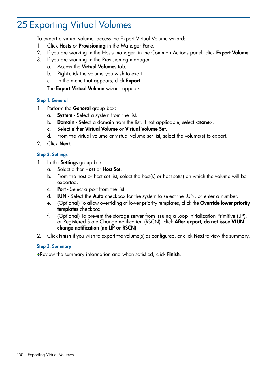25 exporting virtual volumes | HP 3PAR Operating System Software User Manual | Page 150 / 328