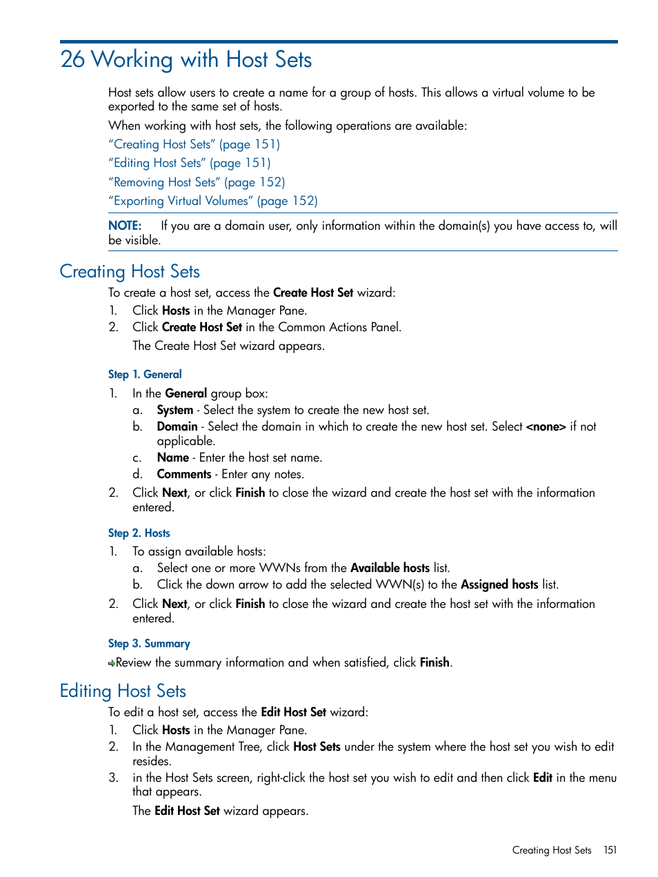 26 working with host sets, Creating host sets, Editing host sets | Creating host sets editing host sets | HP 3PAR Operating System Software User Manual | Page 151 / 328
