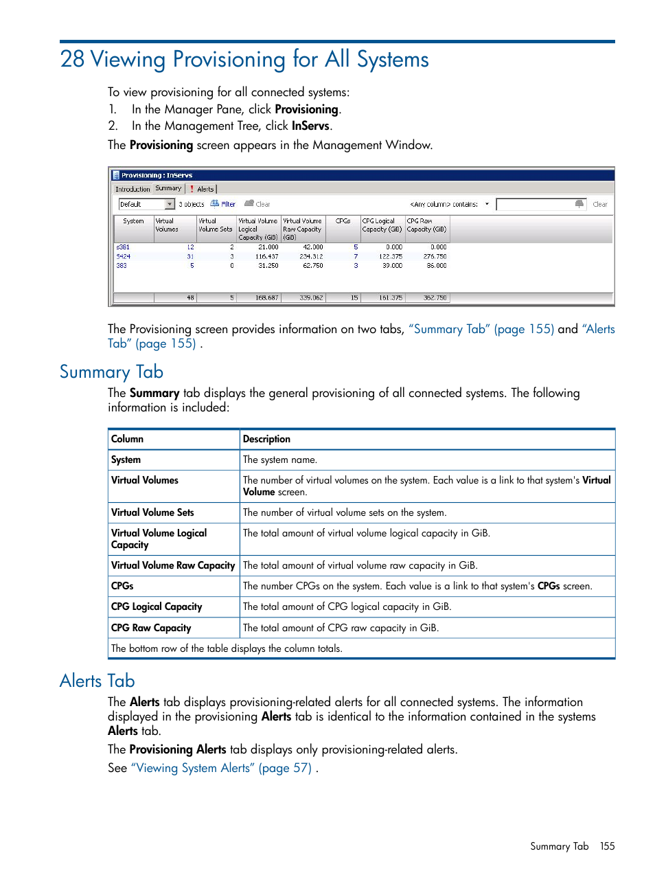 28 viewing provisioning for all systems, Summary tab, Alerts tab | Summary tab alerts tab | HP 3PAR Operating System Software User Manual | Page 155 / 328