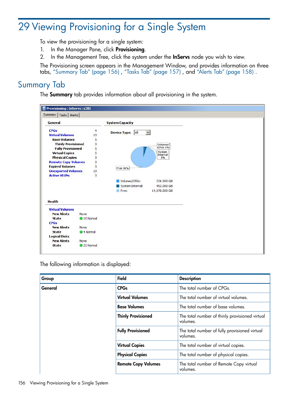 29 viewing provisioning for a single system, Summary tab | HP 3PAR Operating System Software User Manual | Page 156 / 328