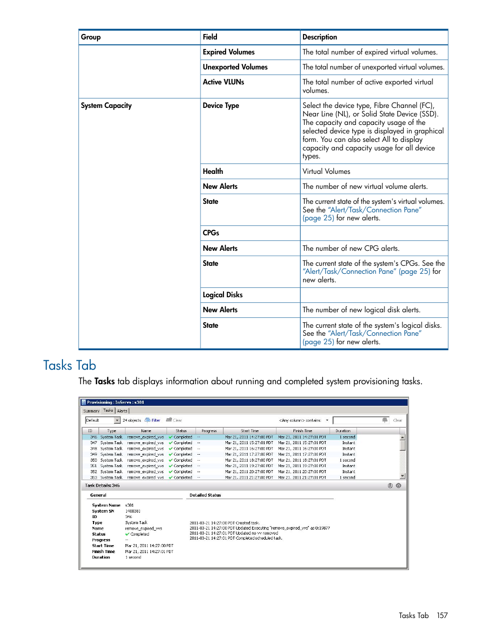 Tasks tab | HP 3PAR Operating System Software User Manual | Page 157 / 328