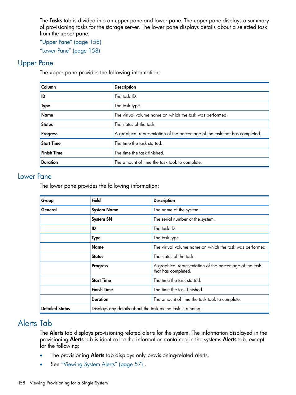 Upper pane, Lower pane, Alerts tab | Upper pane lower pane | HP 3PAR Operating System Software User Manual | Page 158 / 328