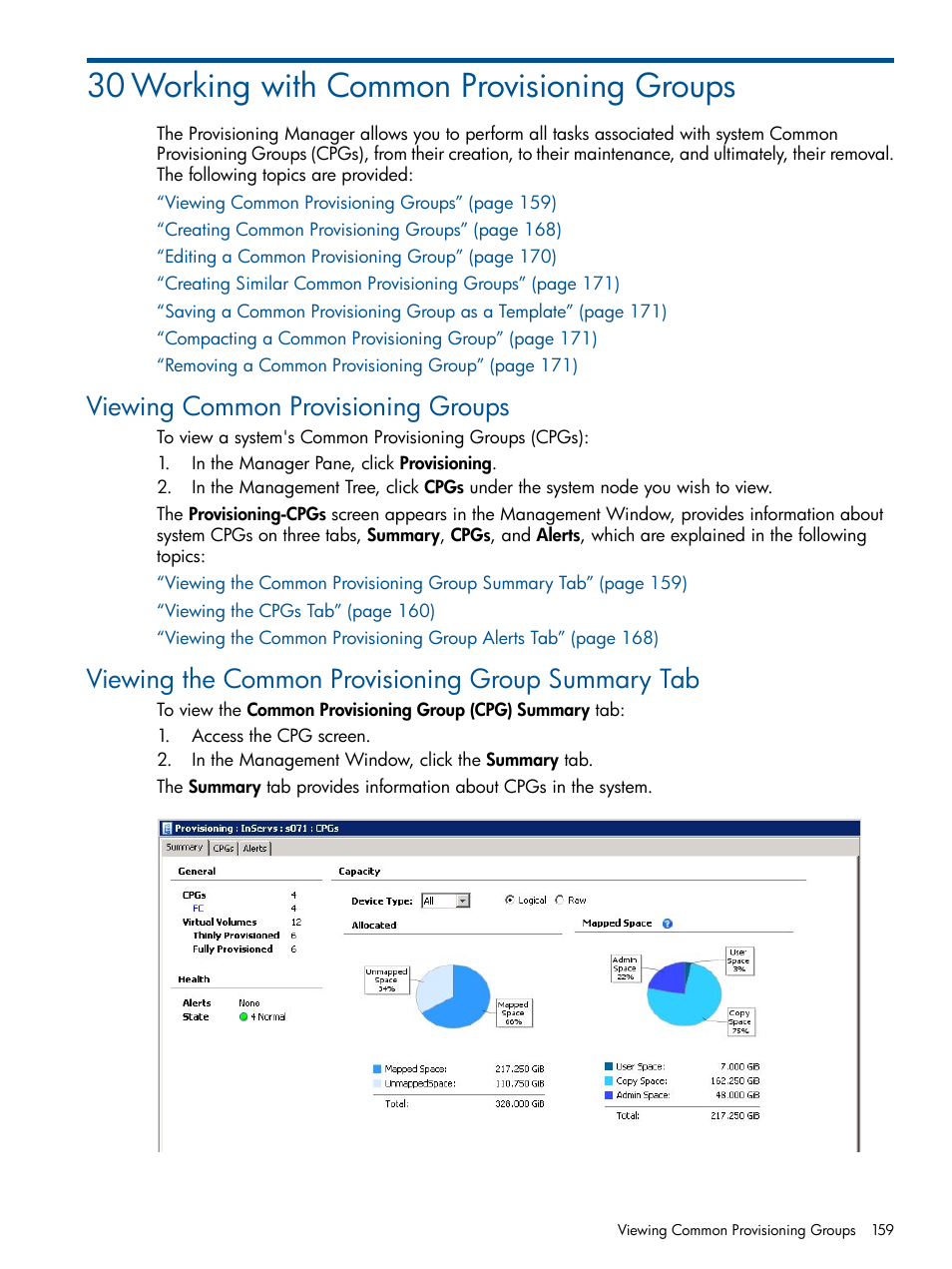 30 working with common provisioning groups, Viewing common provisioning groups, Viewing the common provisioning group summary tab | HP 3PAR Operating System Software User Manual | Page 159 / 328