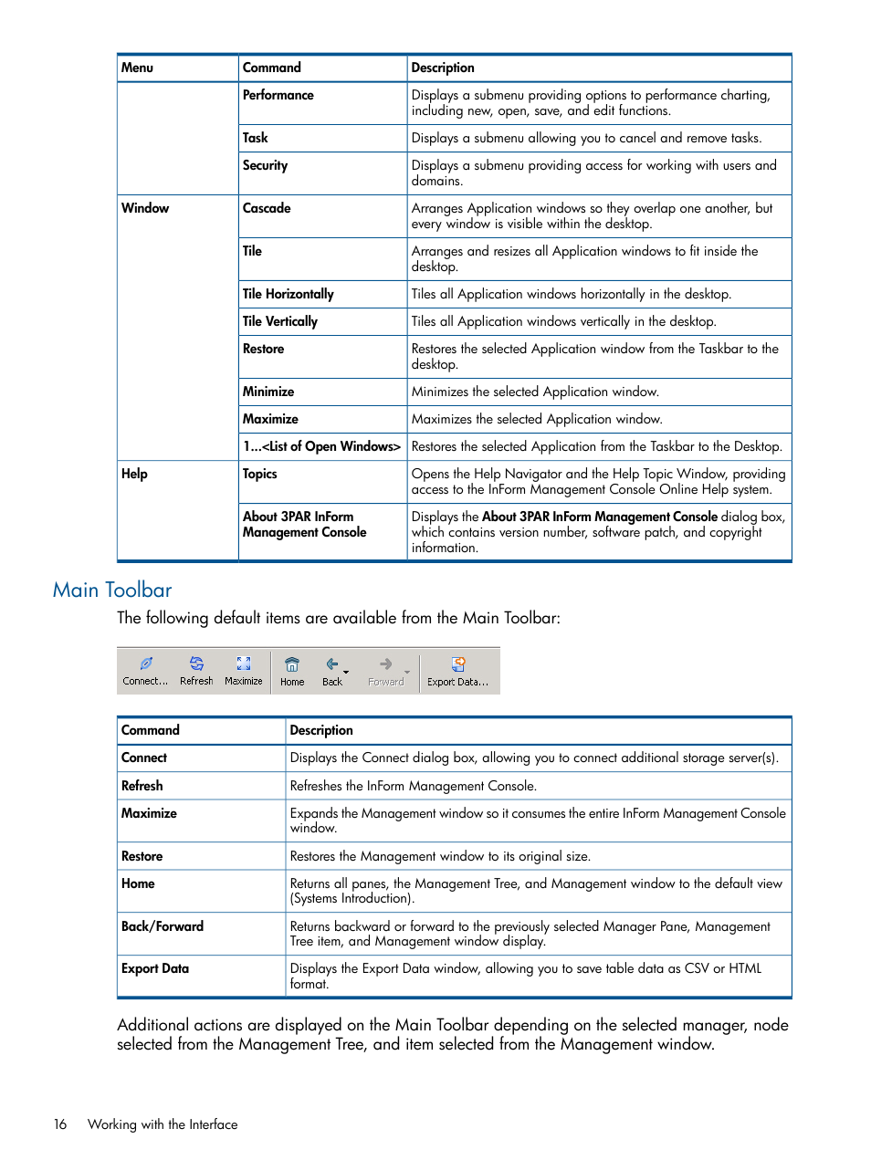 Main toolbar | HP 3PAR Operating System Software User Manual | Page 16 / 328