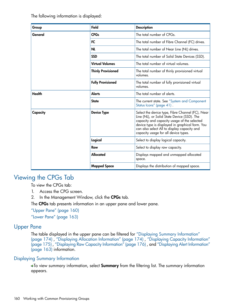 Viewing the cpgs tab, Upper pane, Displaying summary information | HP 3PAR Operating System Software User Manual | Page 160 / 328