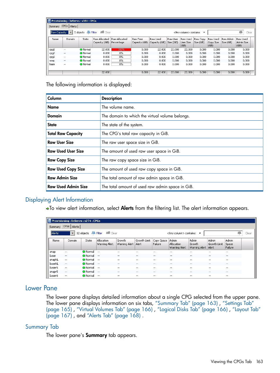 Displaying alert information, Lower pane, Summary tab | HP 3PAR Operating System Software User Manual | Page 163 / 328