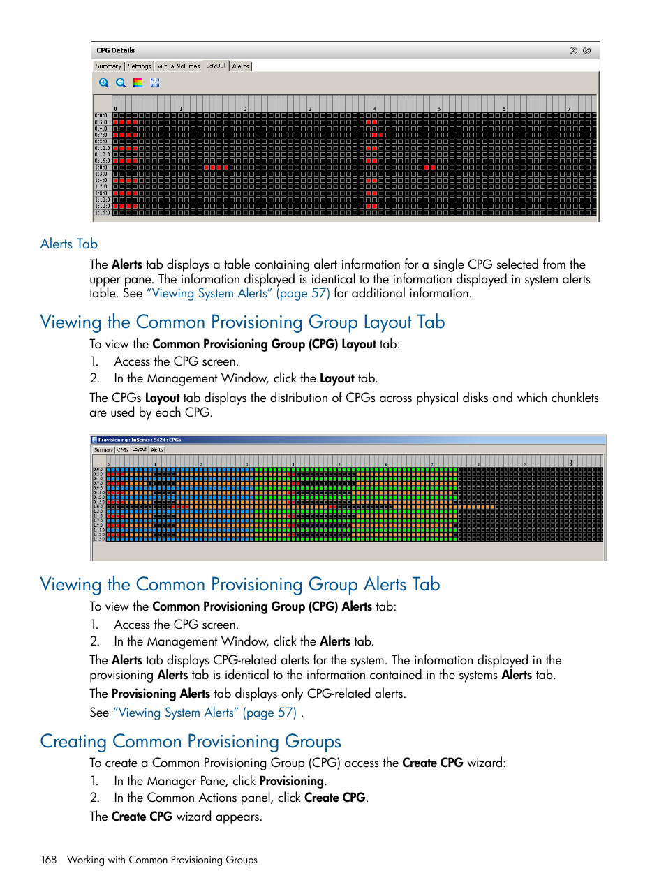 Alerts tab, Viewing the common provisioning group layout tab, Viewing the common provisioning group alerts tab | Creating common provisioning groups | HP 3PAR Operating System Software User Manual | Page 168 / 328