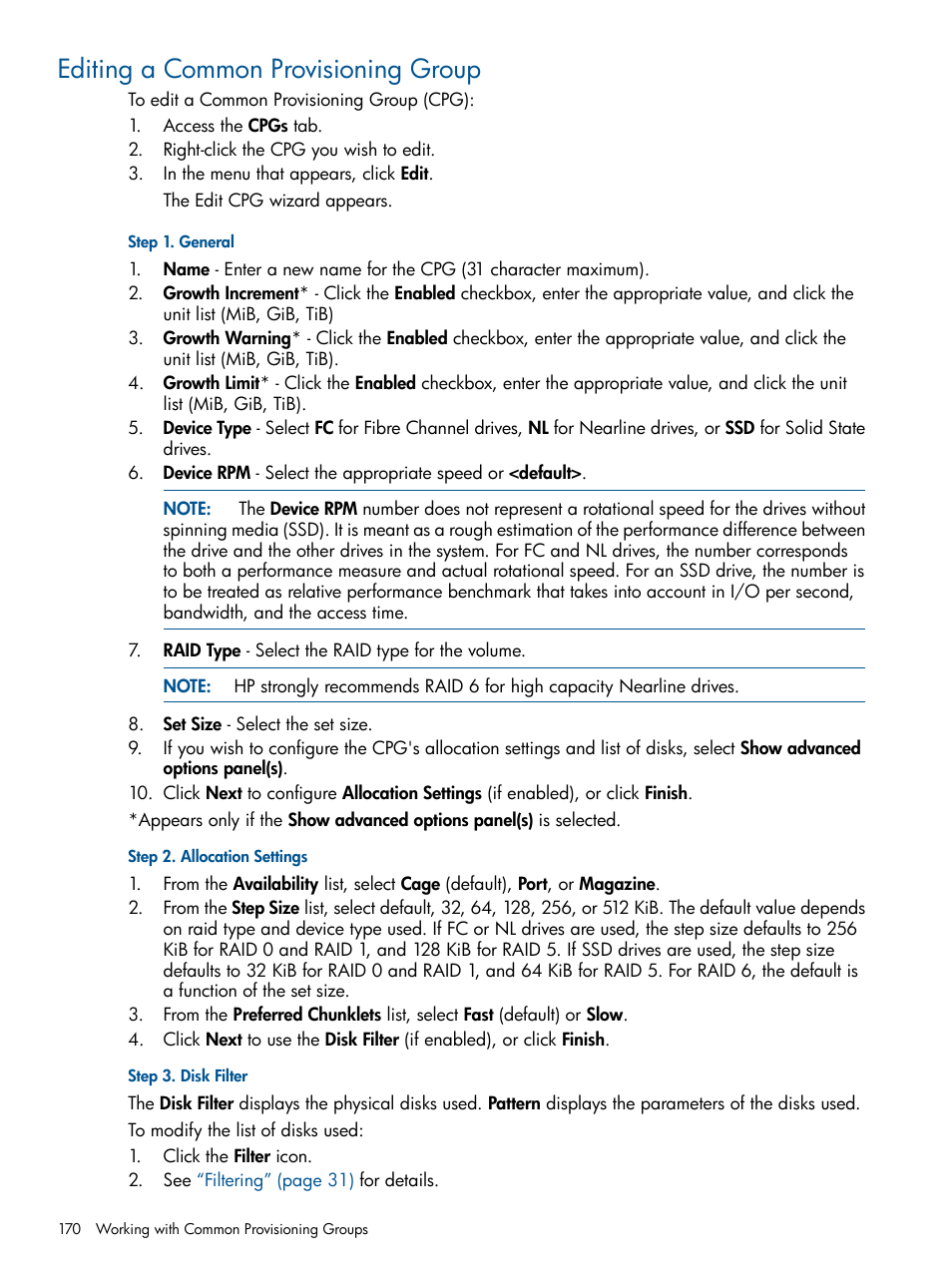 Editing a common provisioning group | HP 3PAR Operating System Software User Manual | Page 170 / 328