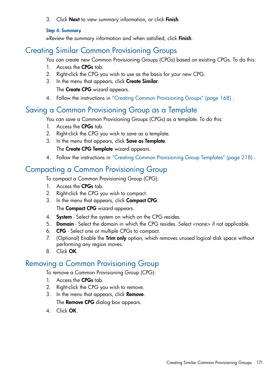 Creating similar common provisioning groups, Saving a common provisioning group as a template, Compacting a common provisioning group | Removing a common provisioning group | HP 3PAR Operating System Software User Manual | Page 171 / 328