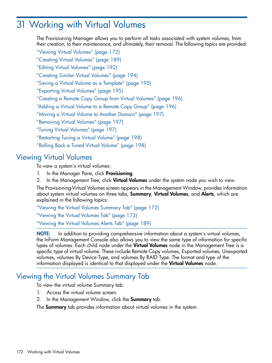31 working with virtual volumes, Viewing virtual volumes, Viewing the virtual volumes summary tab | HP 3PAR Operating System Software User Manual | Page 172 / 328