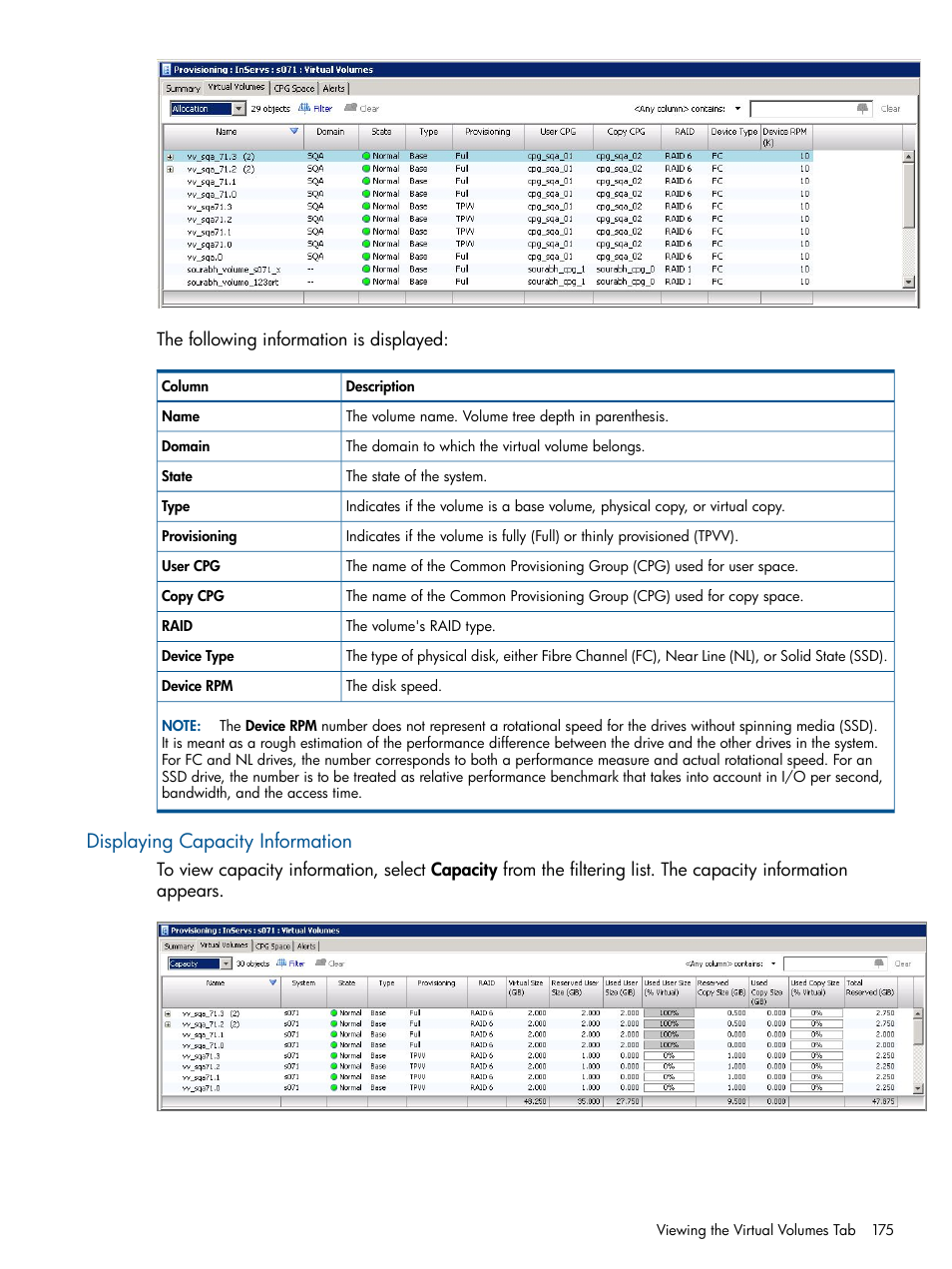 Displaying capacity information | HP 3PAR Operating System Software User Manual | Page 175 / 328