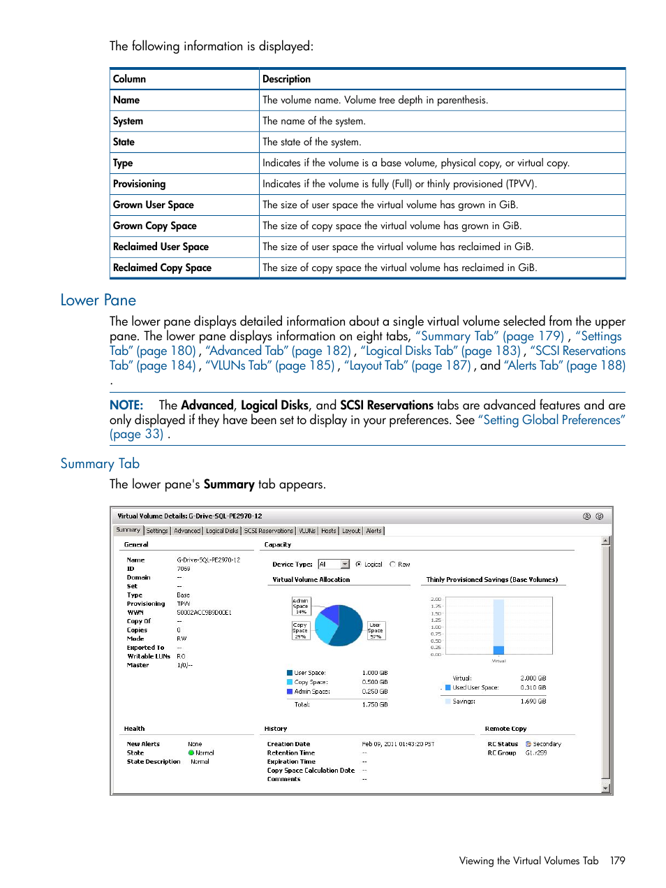 Lower pane, Summary tab | HP 3PAR Operating System Software User Manual | Page 179 / 328
