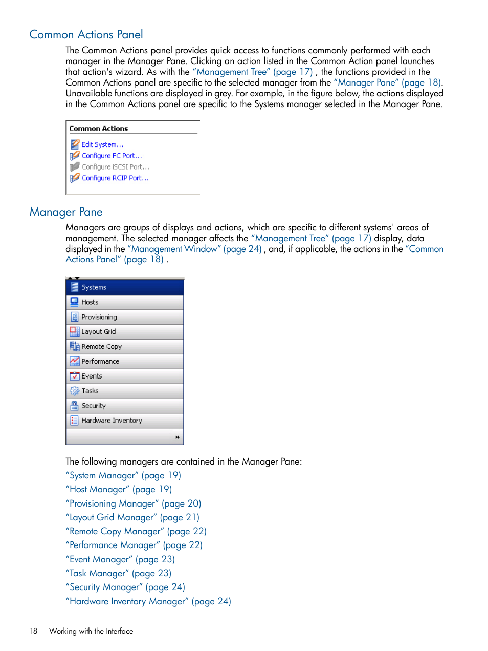 Common actions panel, Manager pane, Common actions panel manager pane | HP 3PAR Operating System Software User Manual | Page 18 / 328
