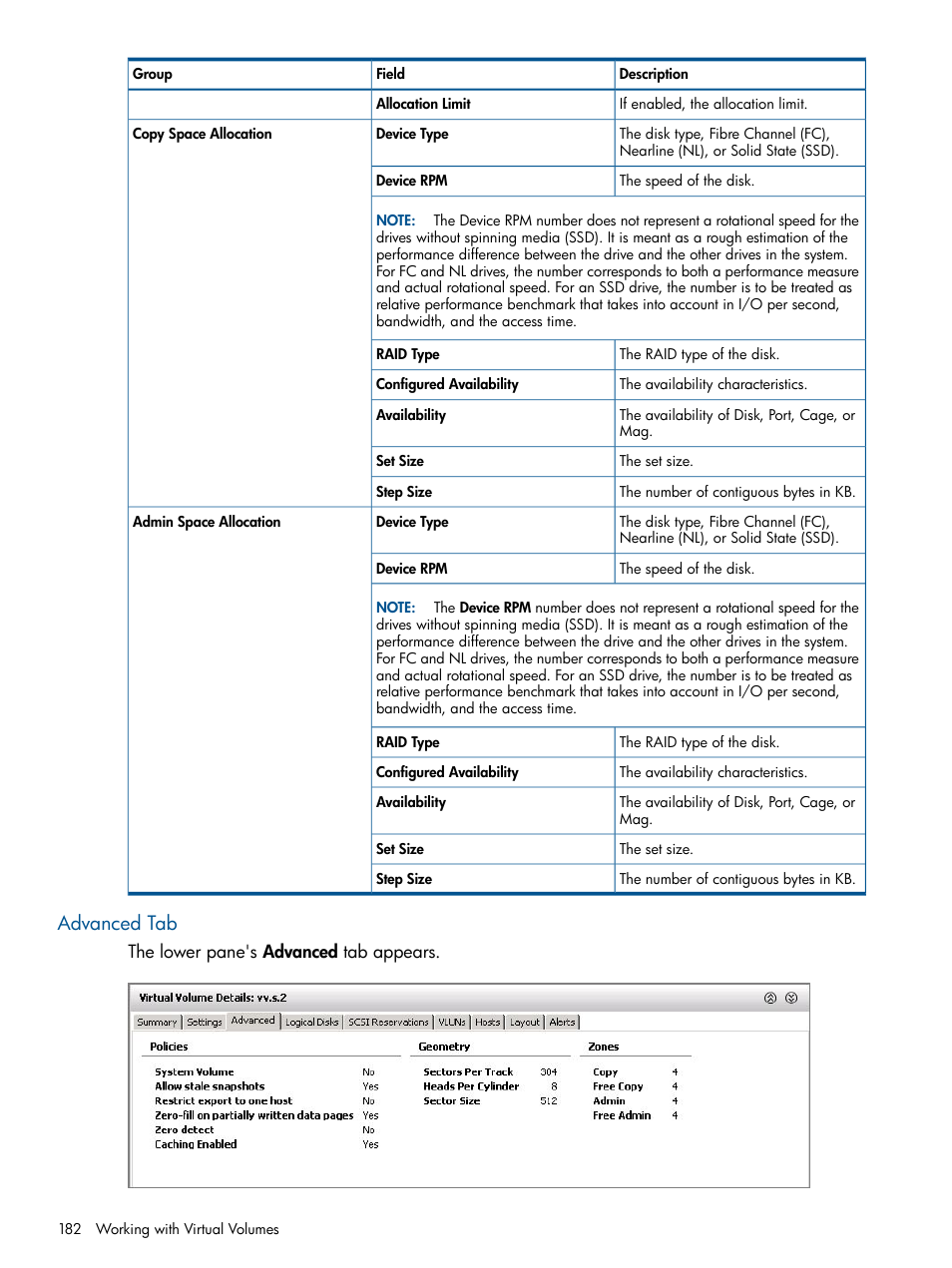 Advanced tab | HP 3PAR Operating System Software User Manual | Page 182 / 328