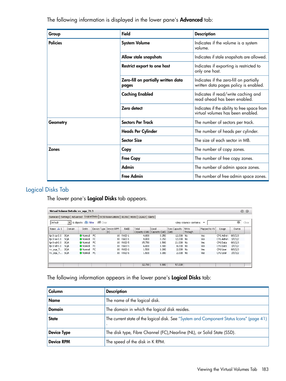 Logical disks tab | HP 3PAR Operating System Software User Manual | Page 183 / 328