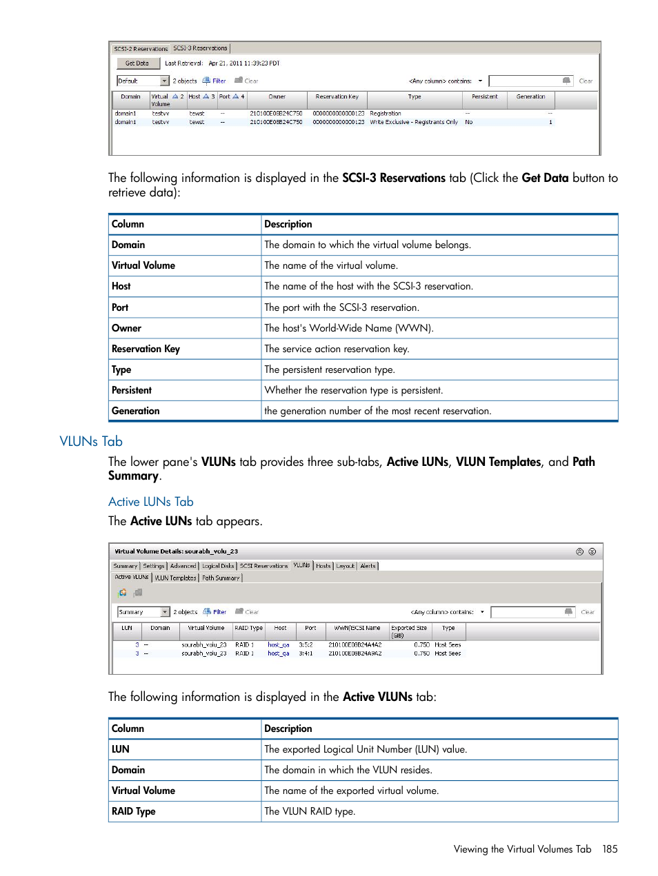 Vluns tab, Active luns tab | HP 3PAR Operating System Software User Manual | Page 185 / 328