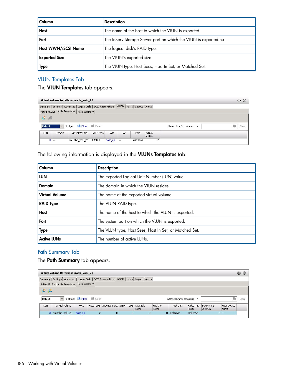 Vlun templates tab, Path summary tab, Vlun templates tab path summary tab | HP 3PAR Operating System Software User Manual | Page 186 / 328