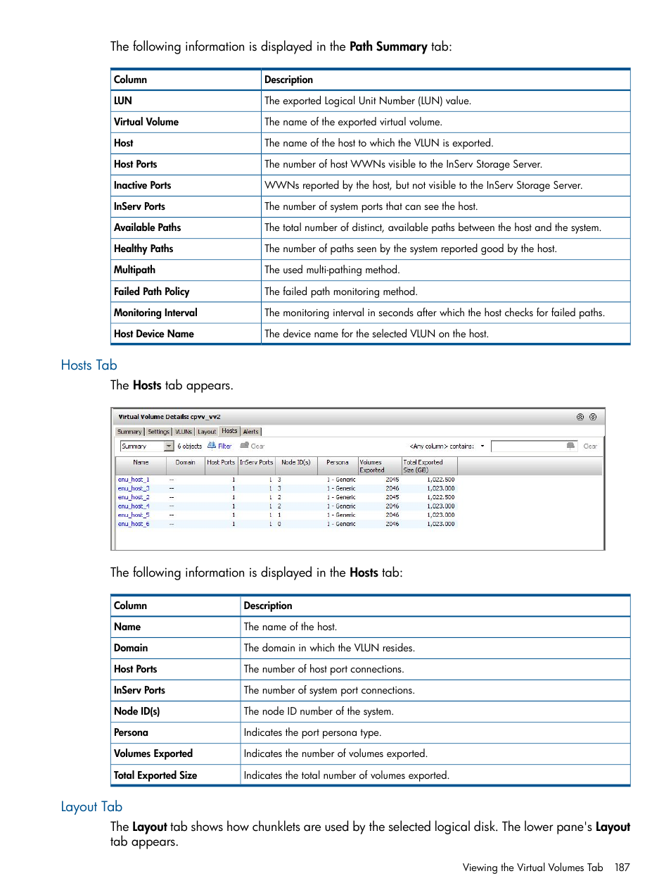 Hosts tab, Layout tab, Hosts tab layout tab | HP 3PAR Operating System Software User Manual | Page 187 / 328